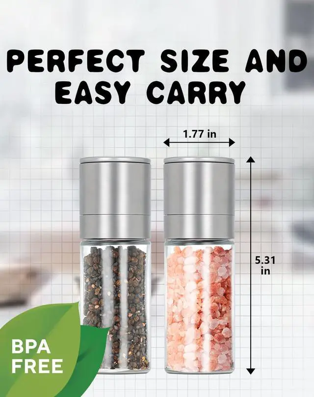 Alt view image 2 of 6 - Mini Salt and Pepper Grinder Set, Tiny Adjustable Coarseness Salt Shakers, Portable Small Salt and Pepper Mills