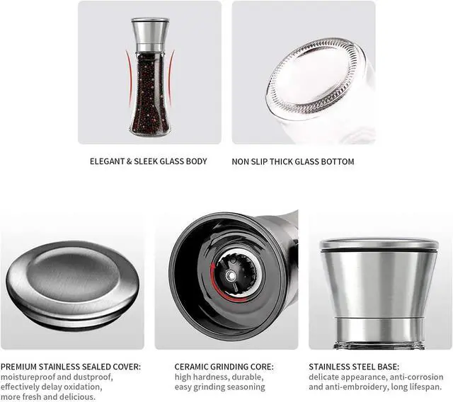 Alt view image 4 of 7 - Herda Salt and Pepper Grinder - Refillable 304 Brushed Stainless Steel Shaker - Adjustable Ceramic Sea Salt & Pepper Grinder - Tall Glass Salt- Pepper Mill & Salt Mill (2Pcs)