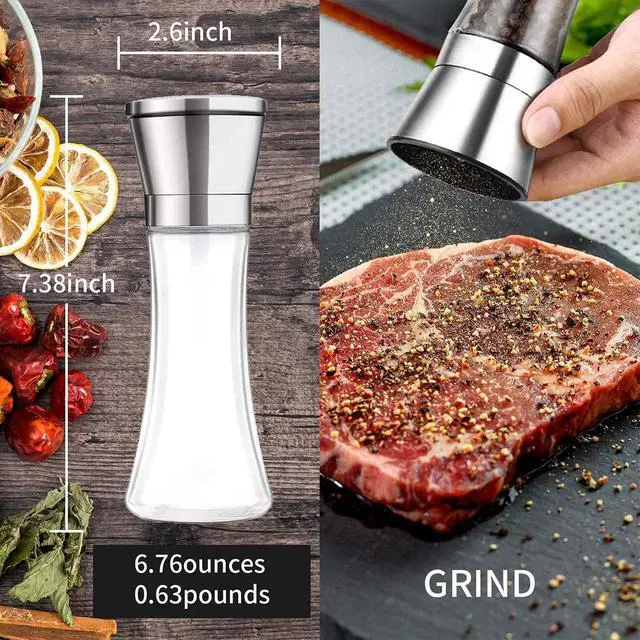 Alt view image 2 of 7 - Herda Salt and Pepper Grinder - Refillable 304 Brushed Stainless Steel Shaker - Adjustable Ceramic Sea Salt & Pepper Grinder - Tall Glass Salt- Pepper Mill & Salt Mill (2Pcs)