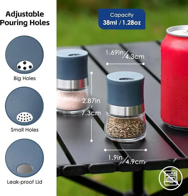 Alt view image 2 of 7 - Vzaahu Mini Salt and Pepper Shakers 2pcs Small Travel Blue | Portable Glass Shaker with Lid Adjustable Holes Refillable 1.28 oz Seasoning Container for Kitchen, Camping, Lunchbox, BBQ