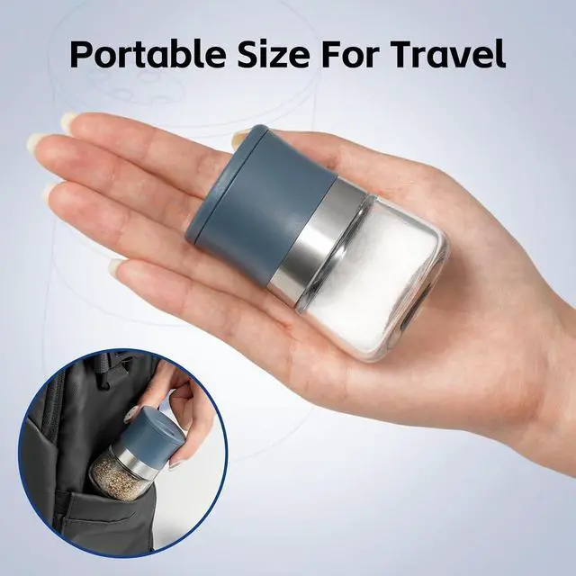 Alt view image 4 of 7 - Vzaahu Mini Salt and Pepper Shakers 2pcs Small Travel Blue | Portable Glass Shaker with Lid Adjustable Holes Refillable 1.28 oz Seasoning Container for Kitchen, Camping, Lunchbox, BBQ
