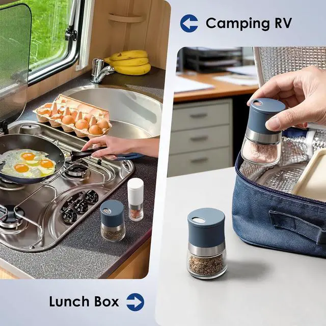 Alt view image 6 of 7 - Vzaahu Mini Salt and Pepper Shakers 2pcs Small Travel Blue | Portable Glass Shaker with Lid Adjustable Holes Refillable 1.28 oz Seasoning Container for Kitchen, Camping, Lunchbox, BBQ