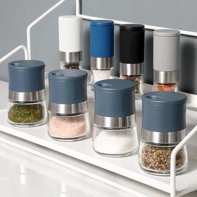 Alt view image 7 of 7 - Vzaahu Mini Salt and Pepper Shakers 2pcs Small Travel Blue | Portable Glass Shaker with Lid Adjustable Holes Refillable 1.28 oz Seasoning Container for Kitchen, Camping, Lunchbox, BBQ