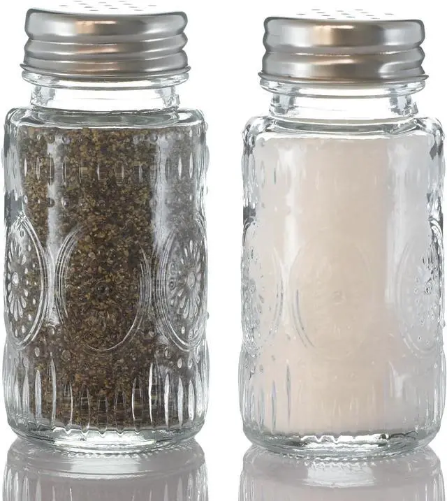 Main image of 2 Pack Glass Salt and Pepper Shakers Set with 304 Stainless Steel Lid, Vintage Spice Shakers for Dining Room Table, Kitchen, Restaurant(Round-Sunflower)