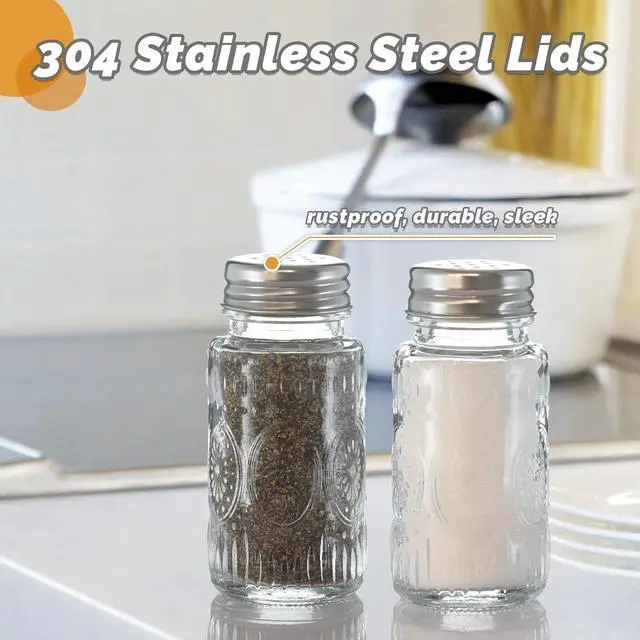 Alt view image 2 of 7 - 2 Pack Glass Salt and Pepper Shakers Set with 304 Stainless Steel Lid, Vintage Spice Shakers for Dining Room Table, Kitchen, Restaurant(Round-Sunflower)