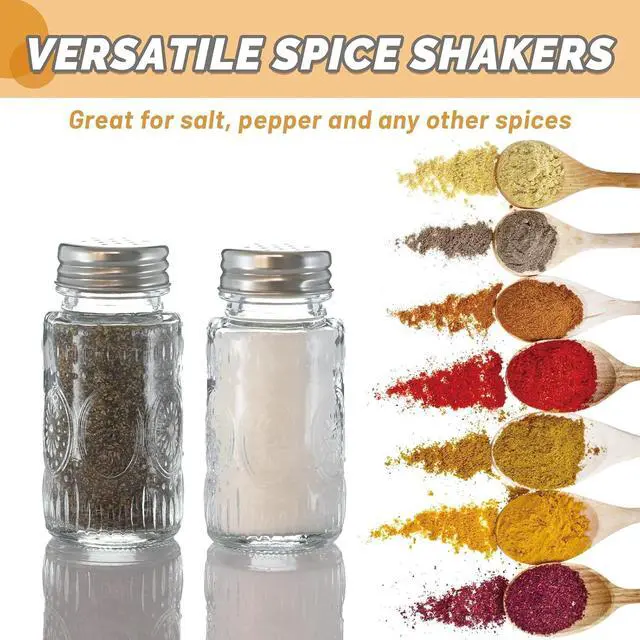 Alt view image 5 of 7 - 2 Pack Glass Salt and Pepper Shakers Set with 304 Stainless Steel Lid, Vintage Spice Shakers for Dining Room Table, Kitchen, Restaurant(Round-Sunflower)