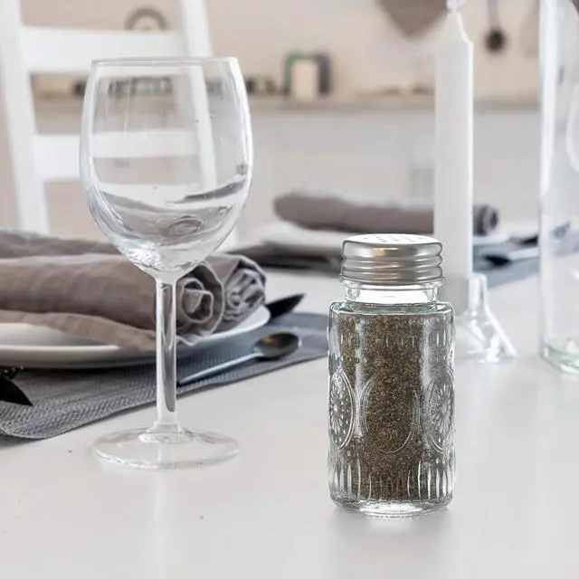 Alt view image 6 of 7 - 2 Pack Glass Salt and Pepper Shakers Set with 304 Stainless Steel Lid, Vintage Spice Shakers for Dining Room Table, Kitchen, Restaurant(Round-Sunflower)