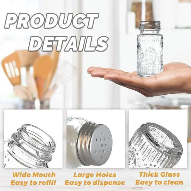 Alt view image 4 of 7 - 2 Pack Glass Salt and Pepper Shakers Set with 304 Stainless Steel Lid, Vintage Spice Shakers for Dining Room Table, Kitchen, Restaurant(Round-Sunflower)