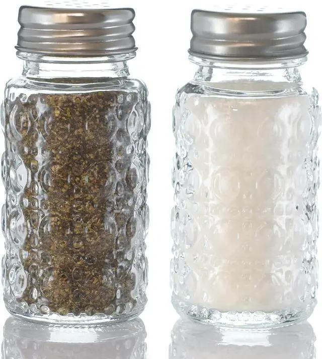Main image of 2 Pack Glass Salt and Pepper Shakers Set with 304 Stainless Steel Lid, Vintage Spice Shakers for Dining Room Table, Kitchen, Restaurant(Round-Bubble)
