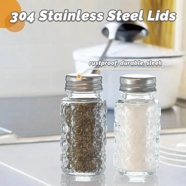 Alt view image 2 of 7 - 2 Pack Glass Salt and Pepper Shakers Set with 304 Stainless Steel Lid, Vintage Spice Shakers for Dining Room Table, Kitchen, Restaurant(Round-Bubble)
