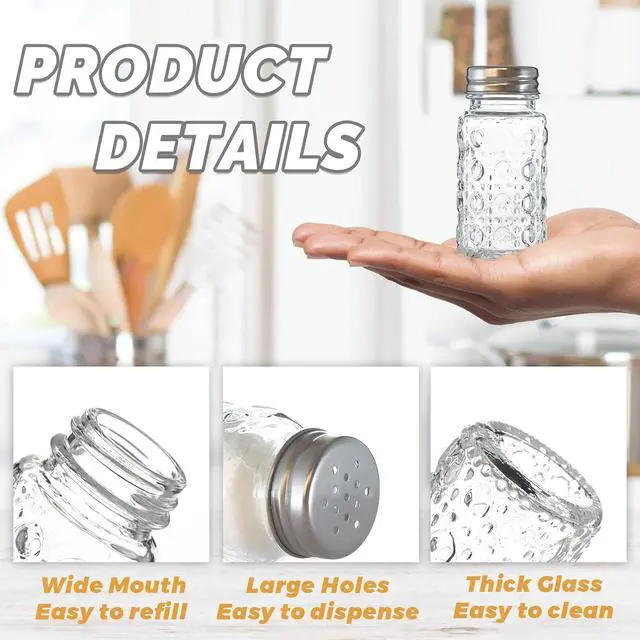 Alt view image 4 of 7 - 2 Pack Glass Salt and Pepper Shakers Set with 304 Stainless Steel Lid, Vintage Spice Shakers for Dining Room Table, Kitchen, Restaurant(Round-Bubble)