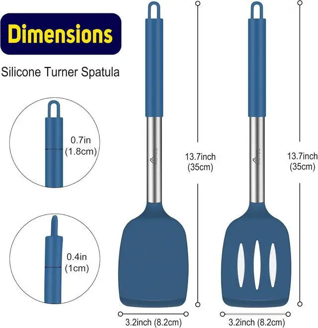Alt view image 2 of 7 - HOTEC Silicone Spatula Set of 2 Heat-Resistant 600°F & BPA-Free Kitchen SaptulaTurner with Stainless Steel Handles, Slotted & Solid Spatulas for Nonstick Cookware, 13.7 Inch, Classic Blue