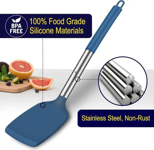 Alt view image 3 of 7 - HOTEC Silicone Spatula Set of 2 Heat-Resistant 600°F & BPA-Free Kitchen SaptulaTurner with Stainless Steel Handles, Slotted & Solid Spatulas for Nonstick Cookware, 13.7 Inch, Classic Blue