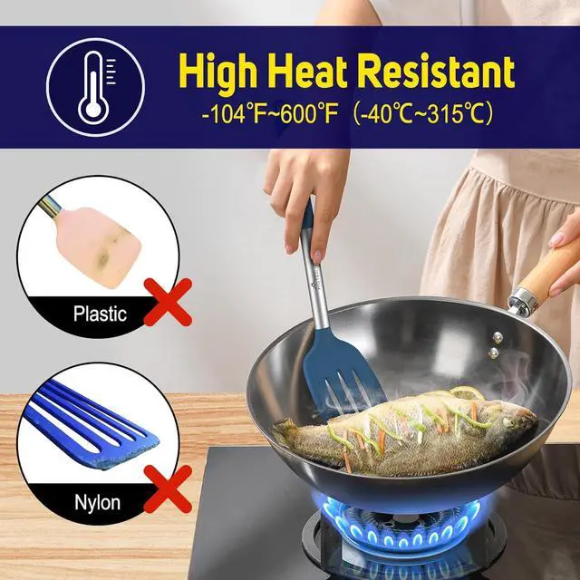 Alt view image 5 of 7 - HOTEC Silicone Spatula Set of 2 Heat-Resistant 600°F & BPA-Free Kitchen SaptulaTurner with Stainless Steel Handles, Slotted & Solid Spatulas for Nonstick Cookware, 13.7 Inch, Classic Blue