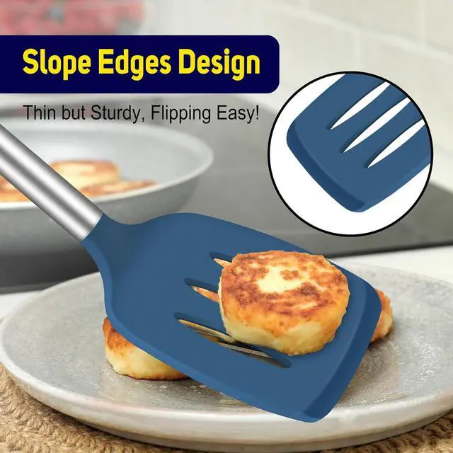 Alt view image 6 of 7 - HOTEC Silicone Spatula Set of 2 Heat-Resistant 600°F & BPA-Free Kitchen SaptulaTurner with Stainless Steel Handles, Slotted & Solid Spatulas for Nonstick Cookware, 13.7 Inch, Classic Blue