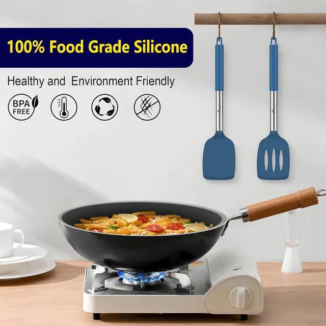 Alt view image 7 of 7 - HOTEC Silicone Spatula Set of 2 Heat-Resistant 600°F & BPA-Free Kitchen SaptulaTurner with Stainless Steel Handles, Slotted & Solid Spatulas for Nonstick Cookware, 13.7 Inch, Classic Blue
