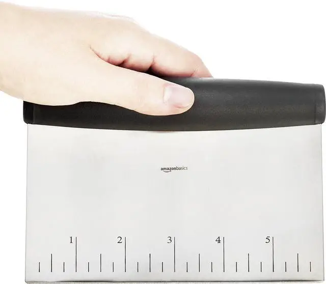 Alt view image 5 of 7 - Amazon Basics Multi-Purpose Bench Scraper, Stainless Steel Dough Cutter with Measurement Marks, Dishwasher Safe, Non-slip Contoured Grip, 6", Black, Silver