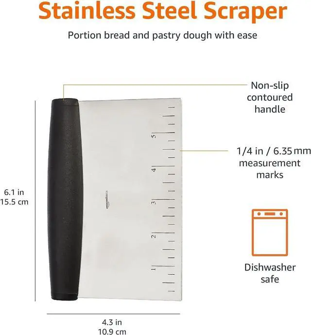 Alt view image 6 of 7 - Amazon Basics Multi-Purpose Bench Scraper, Stainless Steel Dough Cutter with Measurement Marks, Dishwasher Safe, Non-slip Contoured Grip, 6", Black, Silver