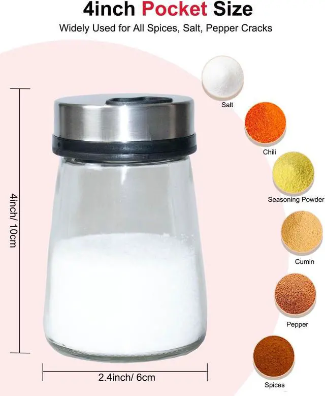 Alt view image 3 of 6 - Salt Shaker or Pepper Shaker with Adjustable Pour Holes, 4inch Small Glass Bottle Spice Dispenser with Stainless Steel Lid for Himalayan Salt, Table Fine Corse Sea Salt, Black Pepper