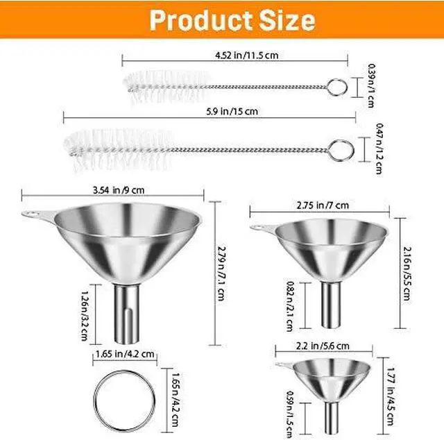 Alt view image 2 of 7 - Kitchen Funnels for Filling Bottles, YGDZ 3pcs Small/Medium/Large Food Grade Stainless Steel Metal Kitchen Funnels Set for Essential Oil Spices Liquid, 2pcs Cleaning Brushes