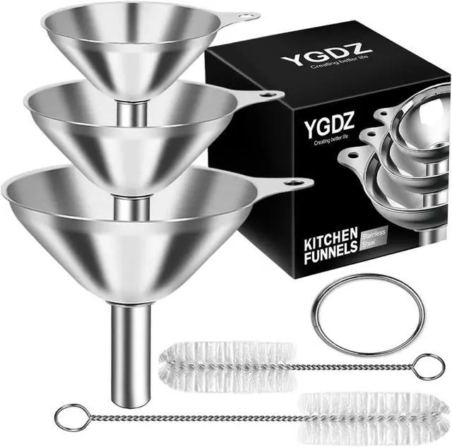 Main image of Kitchen Funnels for Filling Bottles, YGDZ 3pcs Small/Medium/Large Food Grade Stainless Steel Metal Kitchen Funnels Set for Essential Oil Spices Liquid, 2pcs Cleaning Brushes