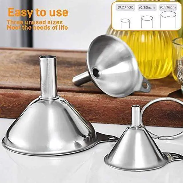 Alt view image 5 of 7 - Kitchen Funnels for Filling Bottles, YGDZ 3pcs Small/Medium/Large Food Grade Stainless Steel Metal Kitchen Funnels Set for Essential Oil Spices Liquid, 2pcs Cleaning Brushes