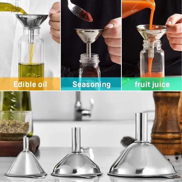 Alt view image 6 of 7 - Kitchen Funnels for Filling Bottles, YGDZ 3pcs Small/Medium/Large Food Grade Stainless Steel Metal Kitchen Funnels Set for Essential Oil Spices Liquid, 2pcs Cleaning Brushes