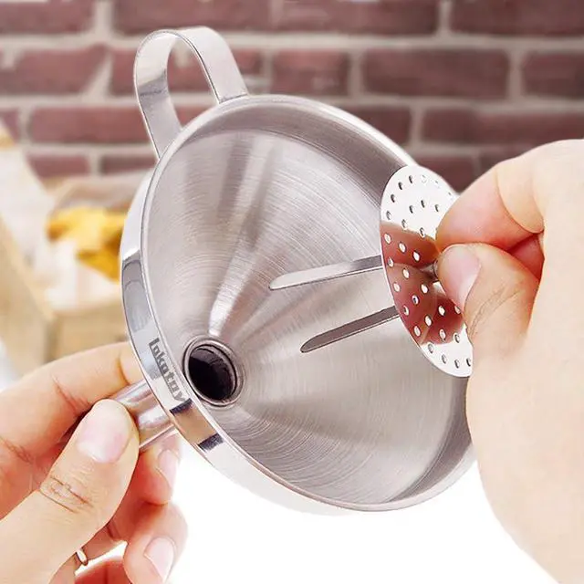 Alt view image 4 of 6 - 5-Inch Food Grade Stainless Steel Kitchen Funnel with Strainer Filter for Transferring of Liquid Dry Ingredients and Metal Cooking FunnelSilver