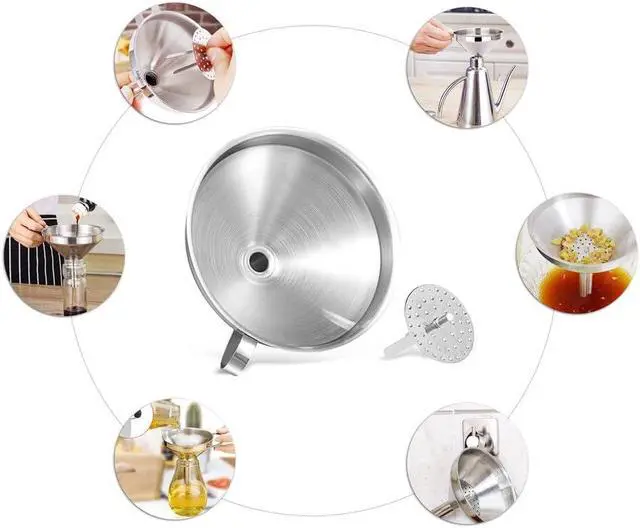 Alt view image 6 of 6 - 5-Inch Food Grade Stainless Steel Kitchen Funnel with Strainer Filter for Transferring of Liquid Dry Ingredients and Metal Cooking FunnelSilver