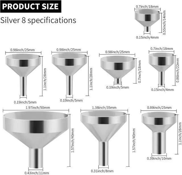 Alt view image 2 of 6 - Small Metal Funnels Mini Funnel 8 Size Tiny Bottle Funnel, Miniature Atomizers, Flask, Perfume, Essential Oil, Powder, Micro Pet Capsule, Spice Jar