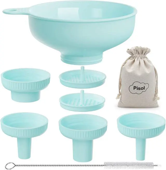 Main image of Pisol Wide Mouth Funnel for Kitchen Use for Filling Bottles with Bags | Food Grade Plastic, BPA Free, 5 Sizes Mouth, 2 Strainers, Rotating Screw Design, Easy to Clean, Dishwasher Safe