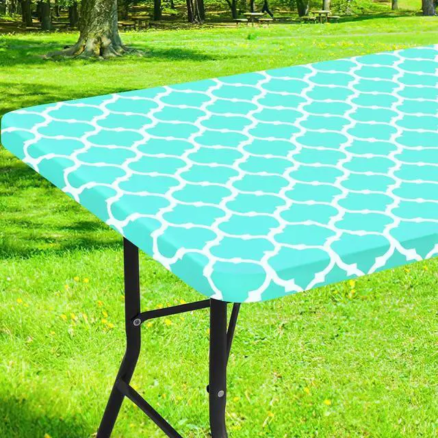 Main image of Smiry Picnic Fitted Table Cover, 6 Foot Flannel Backed Vinyl Tablecloth | Waterproof Elastic Stretch Table Cloth, Wipeable Plastic Tablecloth for Camping, Indoor & Outdoor (Teal, 30" x 72")