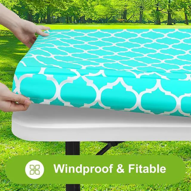 Alt view image 2 of 7 - Smiry Picnic Fitted Table Cover, 6 Foot Flannel Backed Vinyl Tablecloth | Waterproof Elastic Stretch Table Cloth, Wipeable Plastic Tablecloth for Camping, Indoor & Outdoor (Teal, 30" x 72")