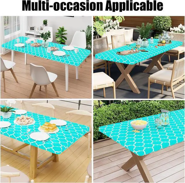 Alt view image 6 of 7 - Smiry Picnic Fitted Table Cover, 6 Foot Flannel Backed Vinyl Tablecloth | Waterproof Elastic Stretch Table Cloth, Wipeable Plastic Tablecloth for Camping, Indoor & Outdoor (Teal, 30" x 72")