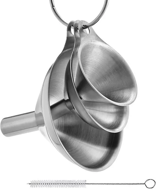 Main image of 3 Pcs Stainless Steel Kitchen Funnel Made of Food-Grade Stainless Steel That withstands high and Low temperatures Perfect for Storing Liquids and Kitchen Spices or Powders Send a Cleaning Brush