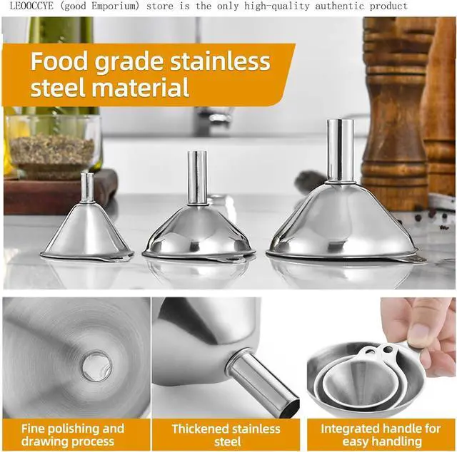 Alt view image 4 of 6 - 3 Pcs Stainless Steel Kitchen Funnel Made of Food-Grade Stainless Steel That withstands high and Low temperatures Perfect for Storing Liquids and Kitchen Spices or Powders Send a Cleaning Brush