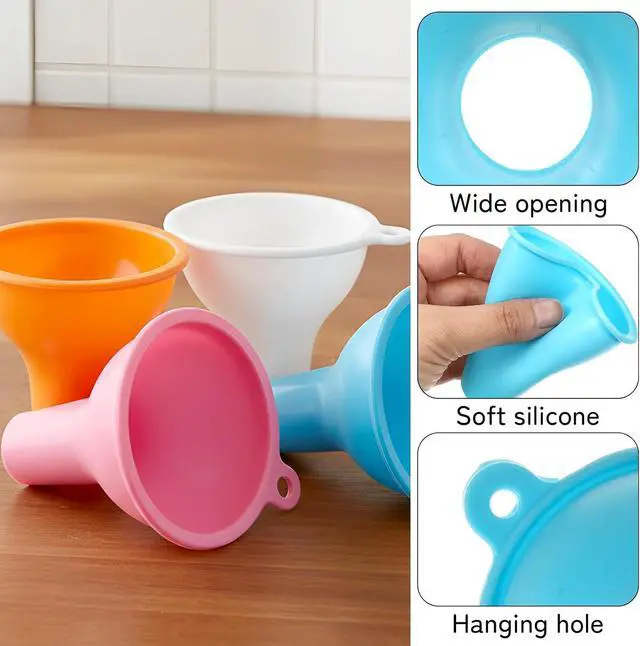 Alt view image 3 of 7 - 4 Pack Silicone Funnel, 3 Inch Wide Mouth Funnel for Kitchen Use Filling Bottles Flexible Kitchen Funnels for Home Restaurant Squeeze Bottles Jars Cans Water Liquid Oil or Powder Transfer