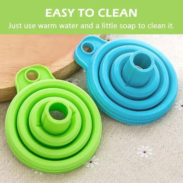 Alt view image 5 of 6 - Medsuo 2pcs Portable Collapsible Funnels Silicone Kitchen Gadgets Accessories Foldable Hopper Funnel for Oil Water Powders Liquid Filling Bottles or Containers (Blue and Green)