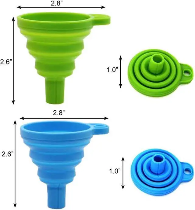 Alt view image 6 of 6 - Medsuo 2pcs Portable Collapsible Funnels Silicone Kitchen Gadgets Accessories Foldable Hopper Funnel for Oil Water Powders Liquid Filling Bottles or Containers (Blue and Green)