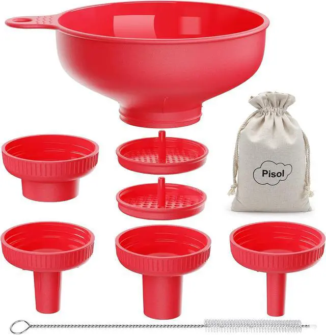 Main image of Pisol Wide Mouth Funnel for Kitchen Use for Filling Bottles with Bags | Food Grade Plastic, BPA Free, 5 Sizes Mouth, 2 Strainers, Rotating Screw Design, Easy to Clean, Dishwasher Safe