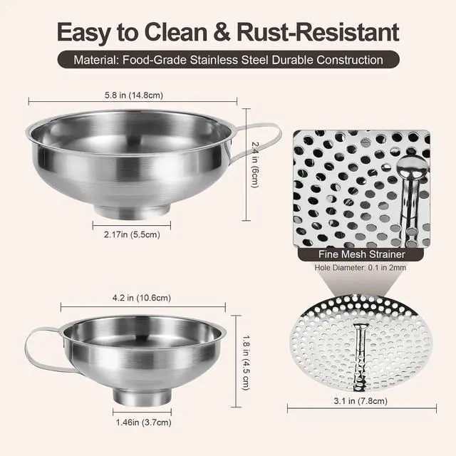 Alt view image 3 of 7 - Canning Funnel with Strainer for Filling Mason Jars | Food Grade Stainless Steel wide mouth funnel, Canning Supplies for Kitchen Use, 3 Pack (Small and Large)