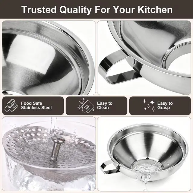 Alt view image 4 of 7 - Canning Funnel with Strainer for Filling Mason Jars | Food Grade Stainless Steel wide mouth funnel, Canning Supplies for Kitchen Use, 3 Pack (Small and Large)