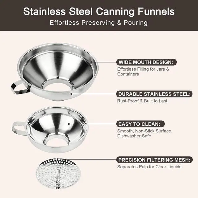 Alt view image 5 of 7 - Canning Funnel with Strainer for Filling Mason Jars | Food Grade Stainless Steel wide mouth funnel, Canning Supplies for Kitchen Use, 3 Pack (Small and Large)