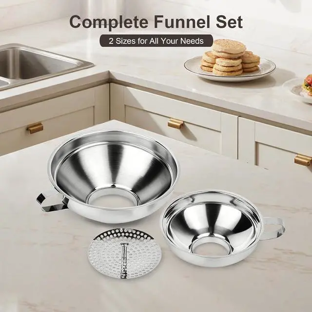 Alt view image 7 of 7 - Canning Funnel with Strainer for Filling Mason Jars | Food Grade Stainless Steel wide mouth funnel, Canning Supplies for Kitchen Use, 3 Pack (Small and Large)