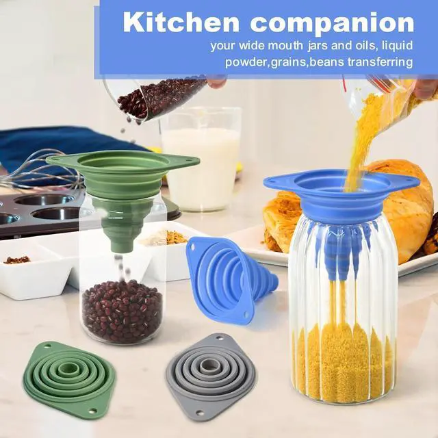 Alt view image 2 of 7 - Kitchen Funnel Set 3 Pack,Funnels for Kitchen Use Filling Bottles,Silicone Funnel Collapsible,Small Funnels for Filling Small Bottles