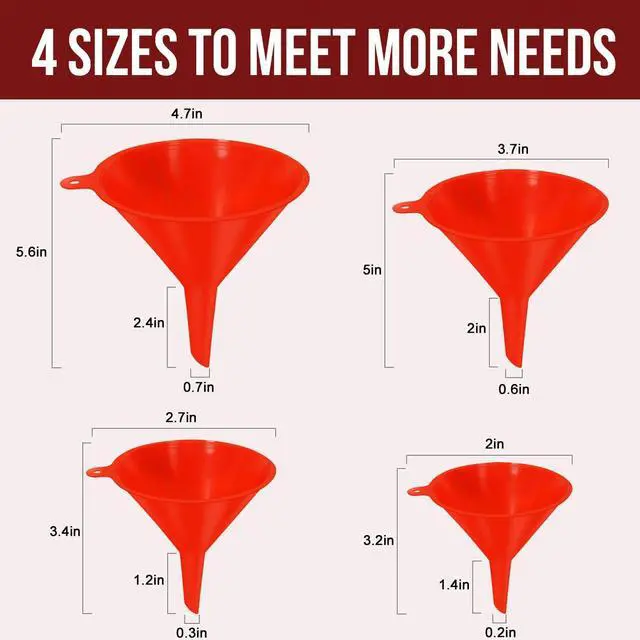 Alt view image 4 of 6 - walfos 4pcs Kitchen Plastic Funnel (NO BPA),Automotive Funnel for Liquid Transfer,funnels for Filling Bottles, containers or Kitchen funnels for Laboratory use. red4.7in&3.7in&2.7in&2in