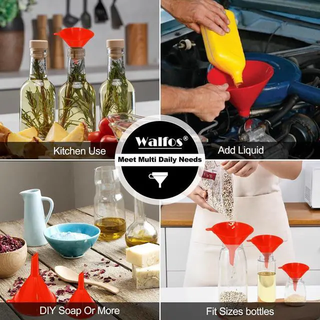 Alt view image 6 of 6 - walfos 4pcs Kitchen Plastic Funnel (NO BPA),Automotive Funnel for Liquid Transfer,funnels for Filling Bottles, containers or Kitchen funnels for Laboratory use. red4.7in&3.7in&2.7in&2in