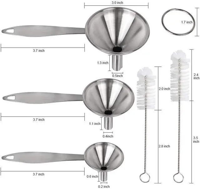 Alt view image 2 of 7 - YGDZ Kitchen Funnel for Filling Bottles, 3pcs Metal Stainless Steel Small Mini Funnels for Essential Oils Liquid, Long Handle Funnel Set, 2pcs Cleaning Brushes