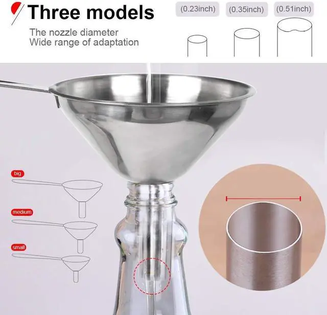 Alt view image 4 of 7 - YGDZ Kitchen Funnel for Filling Bottles, 3pcs Metal Stainless Steel Small Mini Funnels for Essential Oils Liquid, Long Handle Funnel Set, 2pcs Cleaning Brushes