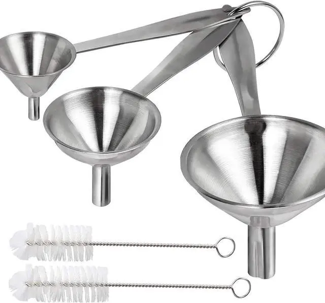 Main image of YGDZ Kitchen Funnel for Filling Bottles, 3pcs Metal Stainless Steel Small Mini Funnels for Essential Oils Liquid, Long Handle Funnel Set, 2pcs Cleaning Brushes